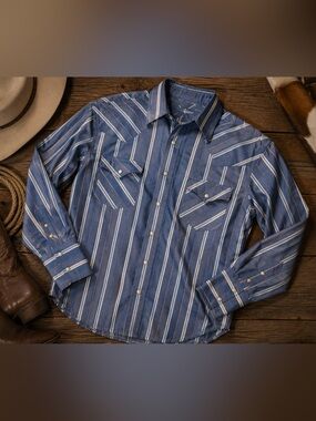 Plains Big Man Vintage Pearl Snap Western Shirt‎ 3X Blue Striped Cowboy Rodeo